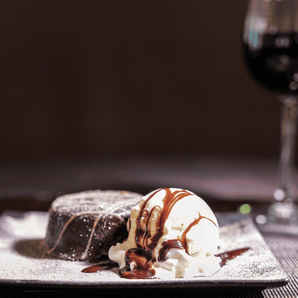 Chocolate dessert with ice cream at 506 Bistro & Bar